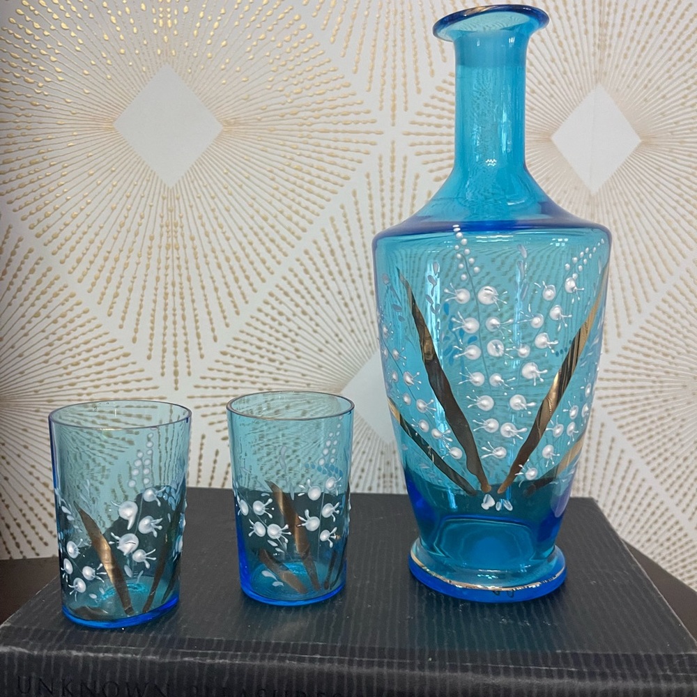 Vintage hand painted blue glass set